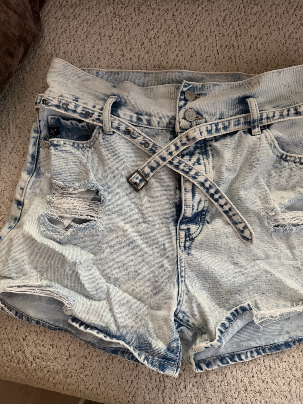 Kancan High-Waist Acid Wash Denim Shorts with Belt
